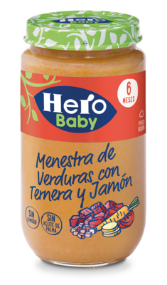 Potito 6 meses de menestra de verduras con ternera y jamón de HERO BABY.