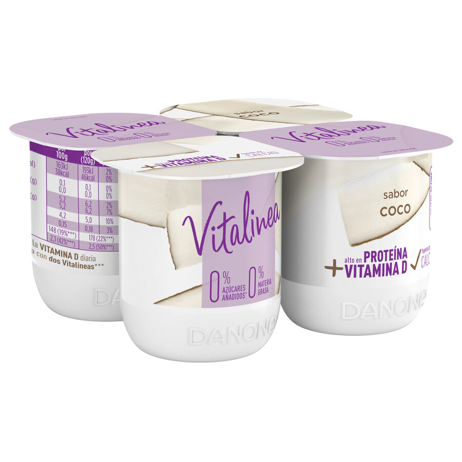 Yogur sabor coco 0% materia grasa 0% azúcares añadidos VITALINEA de DANONE (pack 4).
