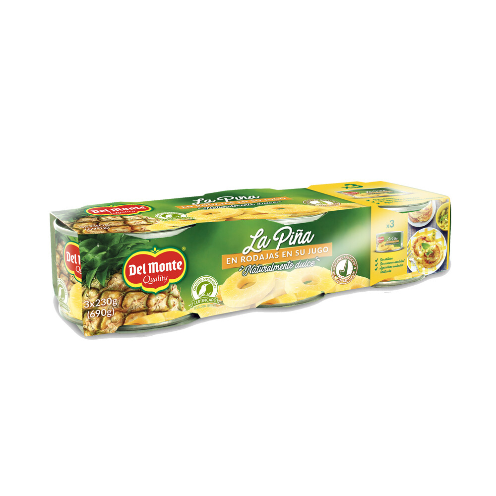 Piña en rodajas en su jugo DEL MONTE (pack 3).