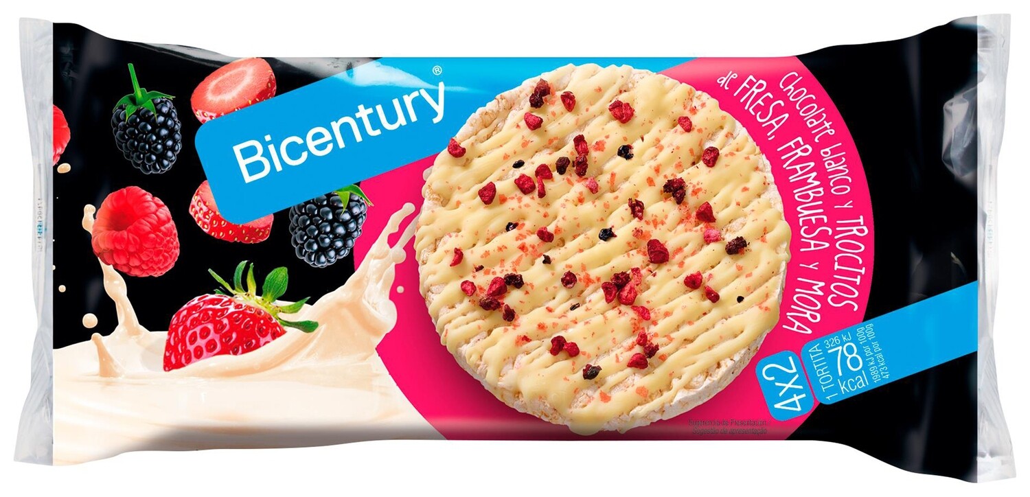 Tortitas de chocolate blanco y trocitos de frutos rojos BICENTURY 8 uds.