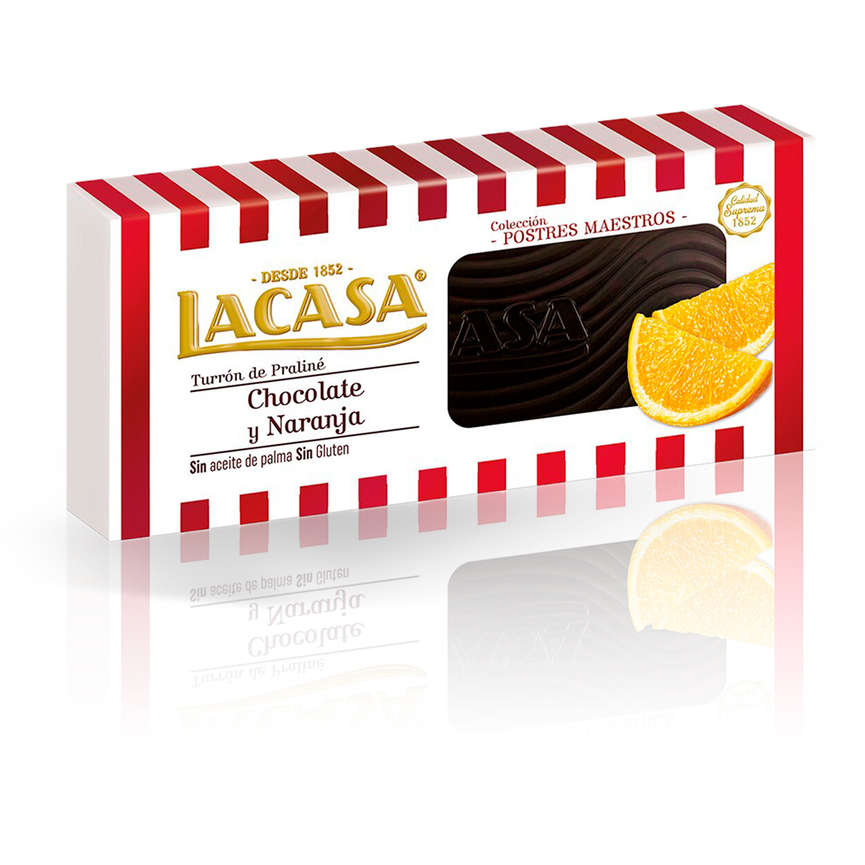 Turrón de praliné de chocolate y naranja LACASA 225 g.