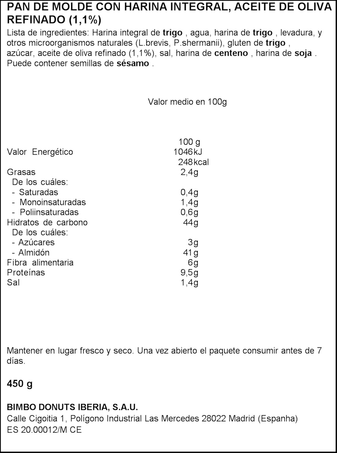 Pan de molde integral 100 % natural con aceite de oliva BIMBO