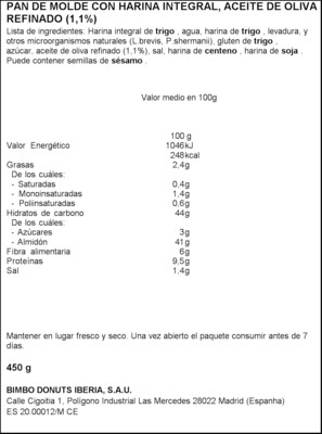 Pan de molde integral 100 % natural con aceite de oliva BIMBO