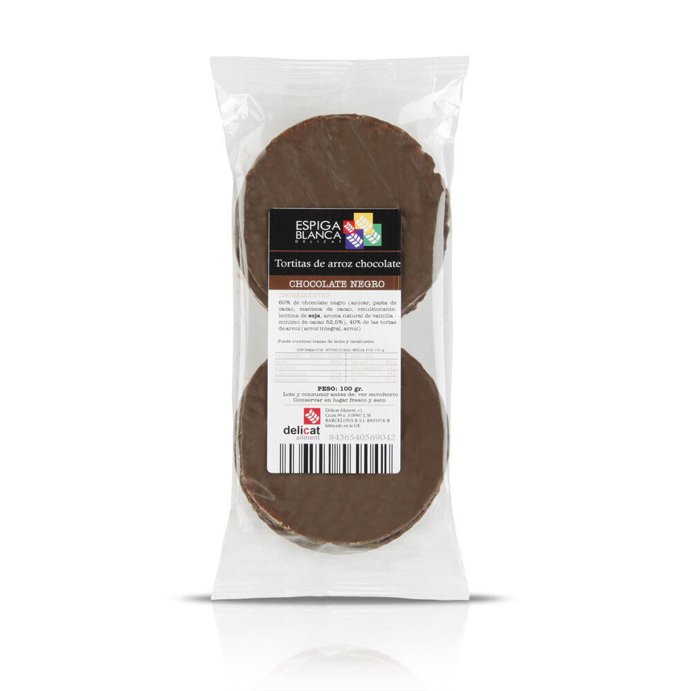 Tortitas de arroz integral con chocolate negro ESPIGA BLANCA, 100 g.