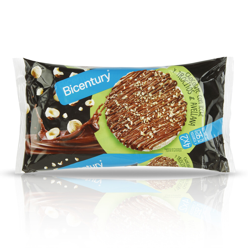 Tortitas de chocolate con leche y trocitos de avellana BICENTURY 8 uds.
