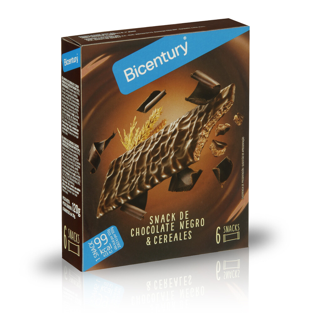 Snack de chocolate negro y cereales BICENTURY, 120 g.