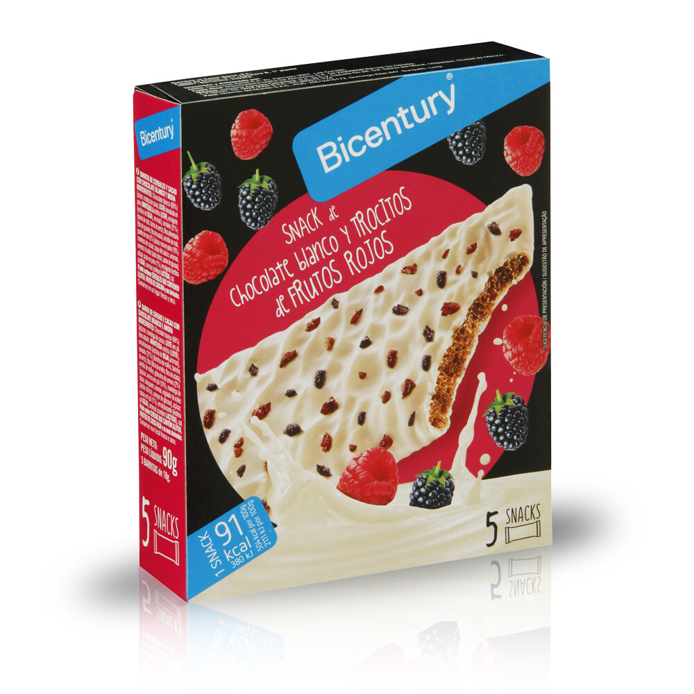 Snack de chocolate blanco y trocitos de frutos rojos BICENTURY 5 uds.