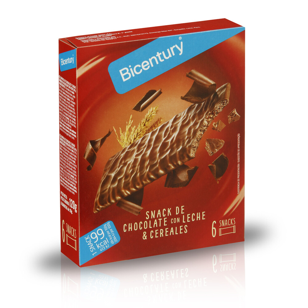 Snack de chocolate negro con leche y cereales BICENTURY, 120 g.