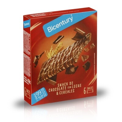 Snack de chocolate negro con leche y cereales BICENTURY, 120 g.