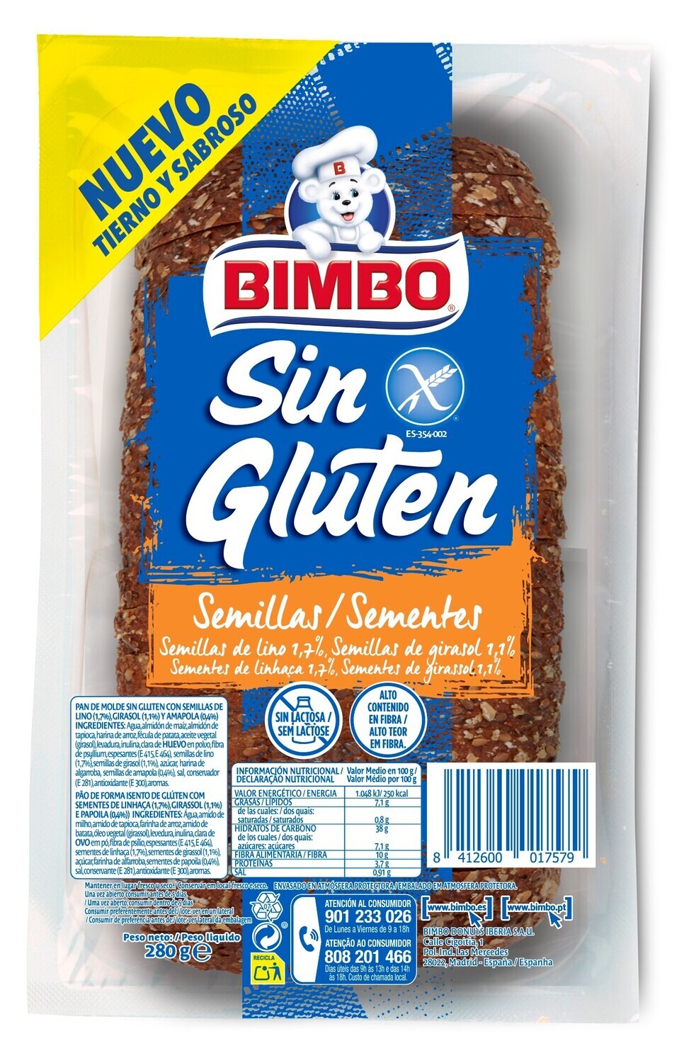 Pan de molde con semillas sin gluten BIMBO 280 g.