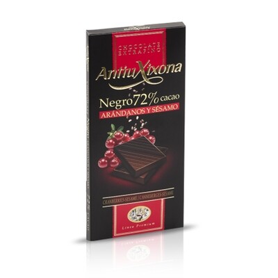 Chocolate negro 72% cacao con arándanos y sésamo ANTIU XIXONA