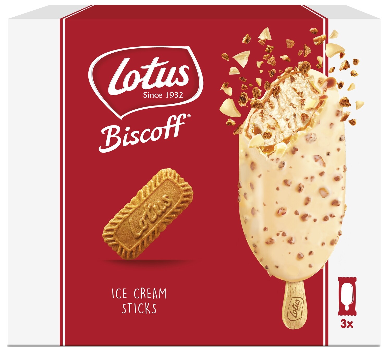 Bombón helado biscoff choco blanco con trozos de galleta LOTUS 3 x 90 ml.