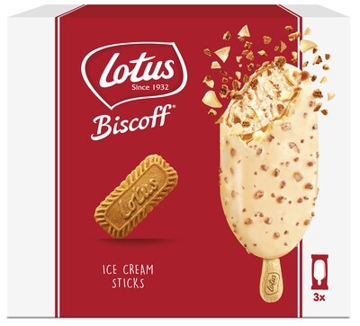 Bombón helado biscoff choco blanco con trozos de galleta LOTUS 3 x 90 ml.