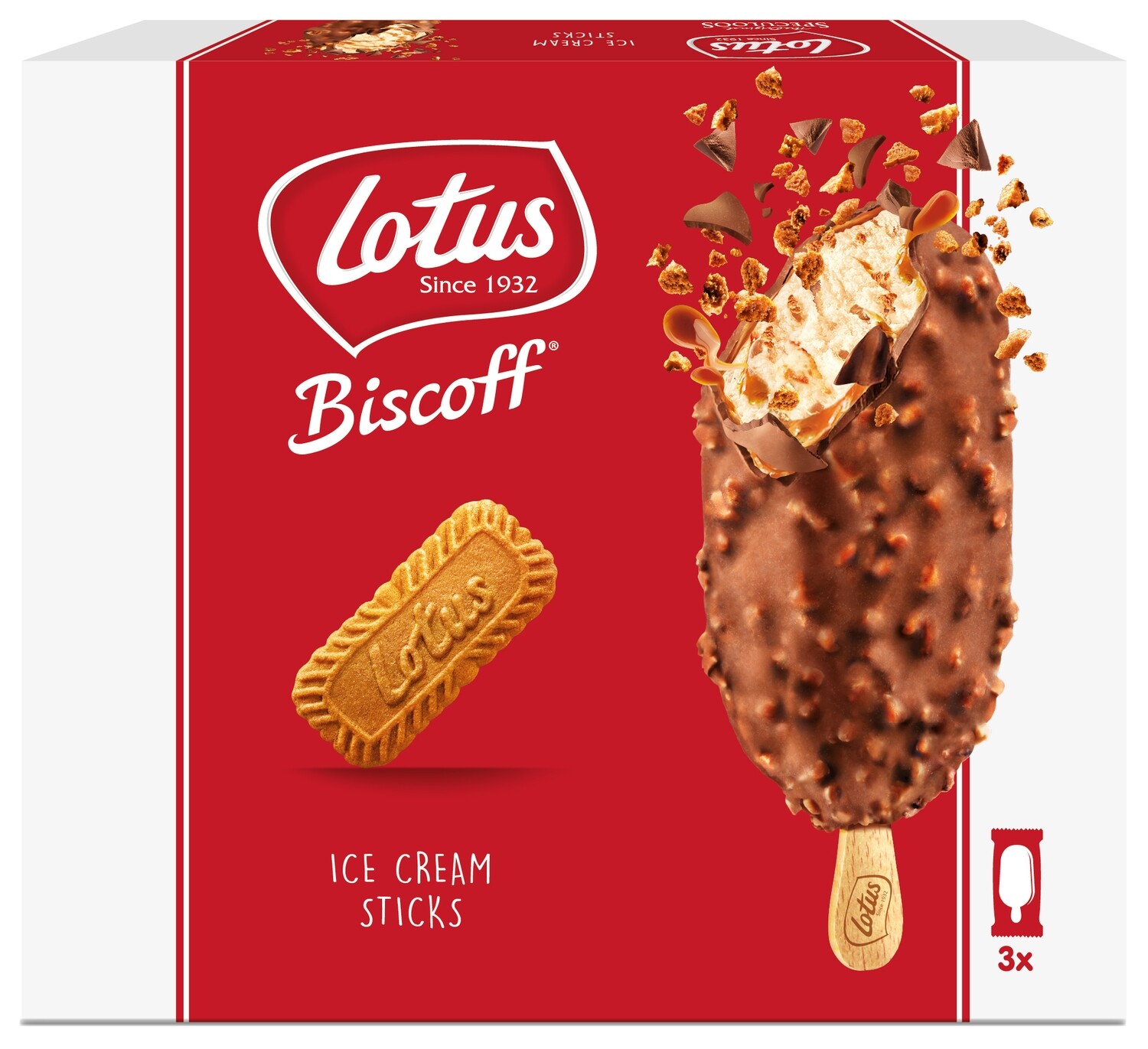 Bombón helado biscoff choco con leche con trozos de galleta LOTUS 3 x 90 ml.
