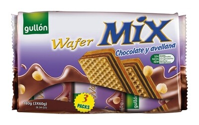 Wafer mix chocolate y avellana GULLON 3x60 g.