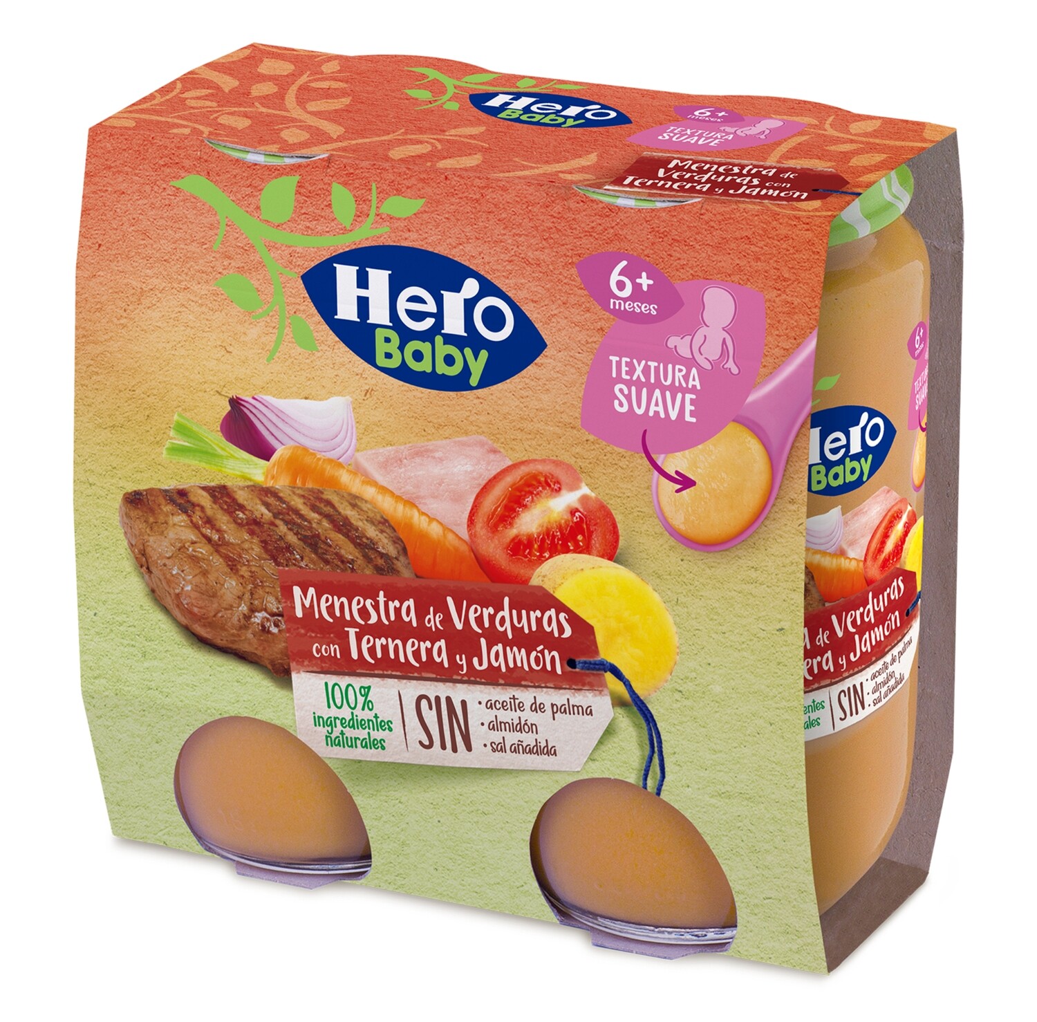 Tarritos menestra de verduras con ternera y jamón HERO 2 x 235 g.
