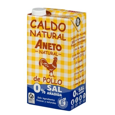 Caldo natural de pollo con 0% en sal añadida ANETO (1 litro).