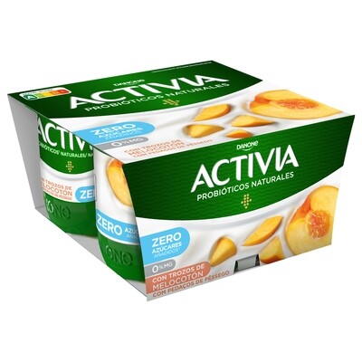 Yogur bífidus con trozos de melocotón 0% materia grasa ACTIVIA de DANONE (pack 4).