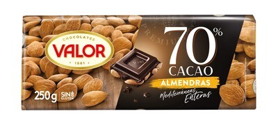 Tableta de chocolate negro 70% con almendras VALOR 250 g.