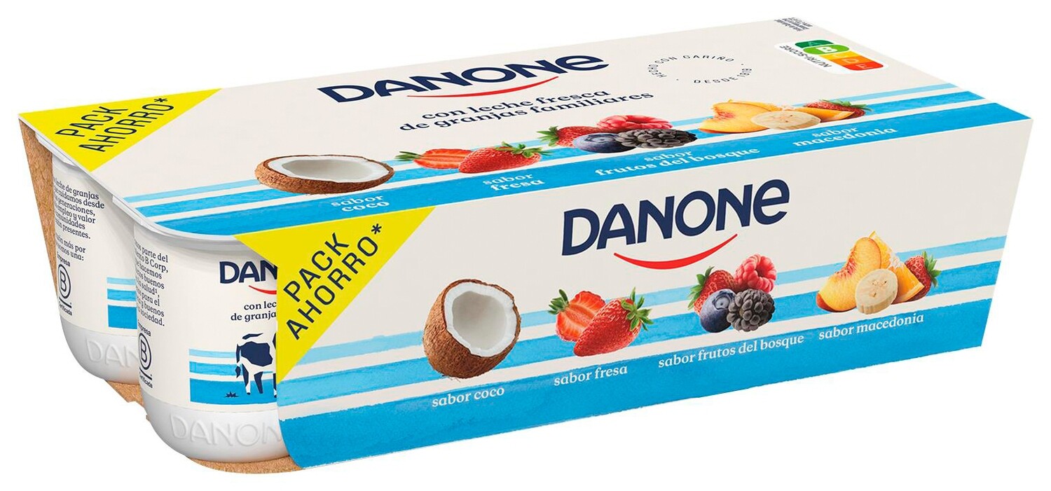 Yogures de sabores: 2 yogures de fresa, 2 yogures de macedonia, 2 yogures de coco y 2 yogures de frutas del bosque de DANONE.