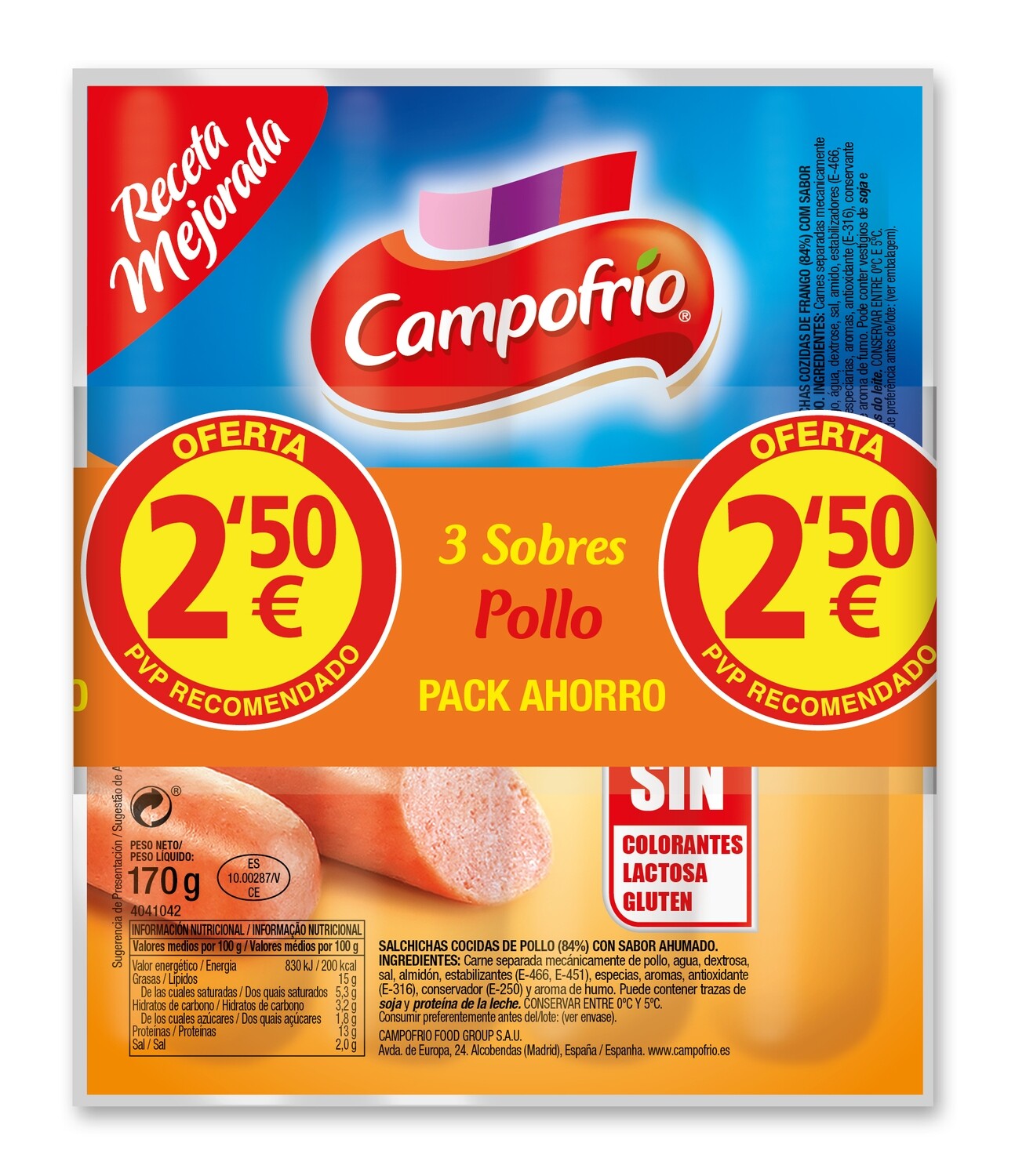 Salchichas estilo Frankfurt de pollo CAMPOFRÍO.