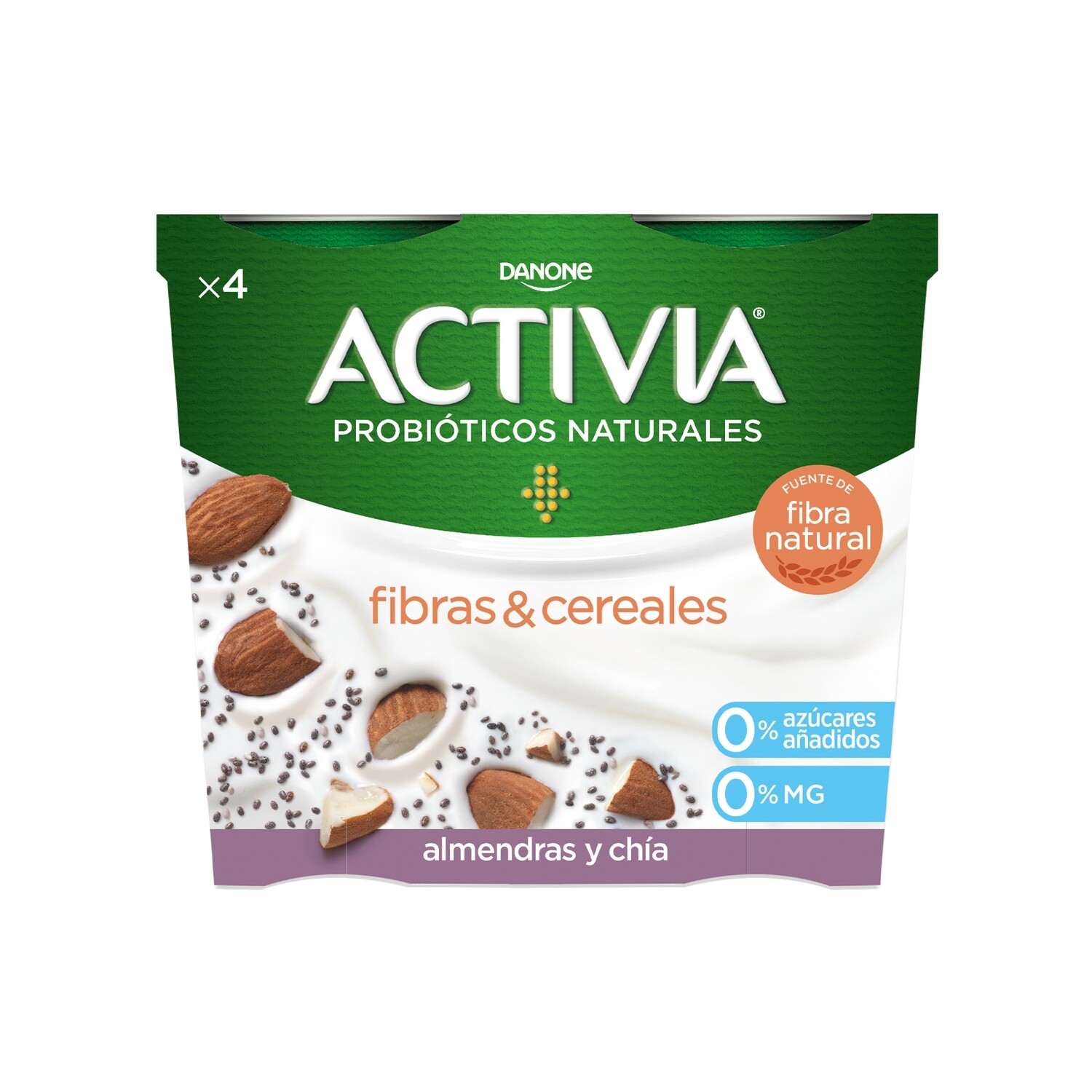 Yogur activia fibras &amp; cereales almendras y chía 0% 0% DANONE 4 x 115 g.