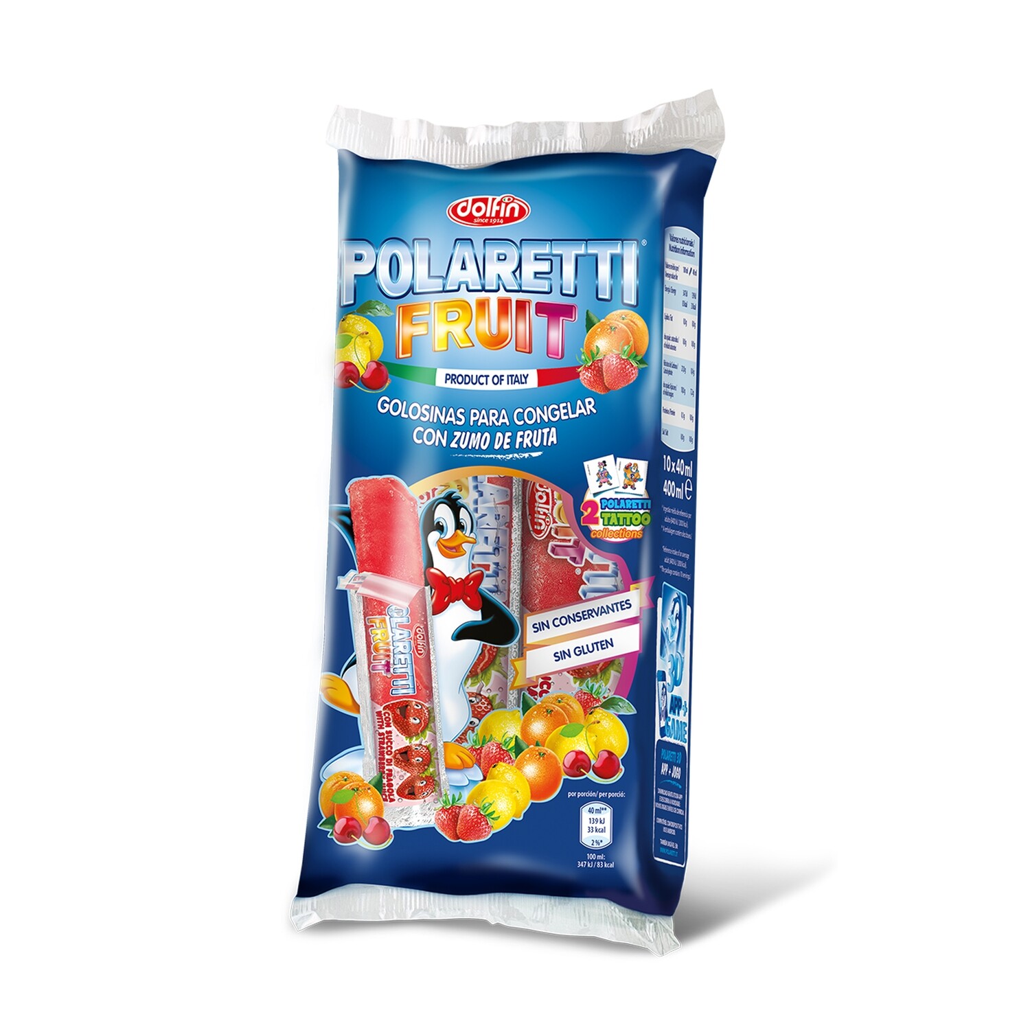 Polaretti golosinas para congelar sin gluten con zumo de fruta DOLFIN 10 uds.