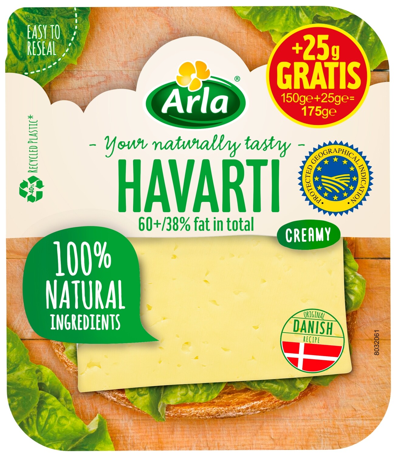 Queso en lonchas havarti danés 38% fat in total ARLA 175 g.