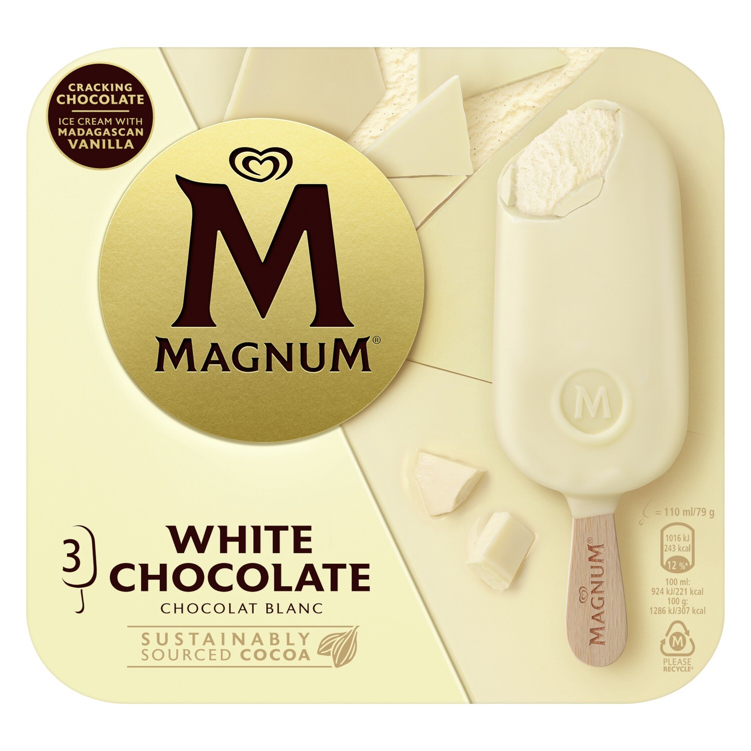 Helados MAGNUM de chocolate blanco de FRIGO, 3 ud.