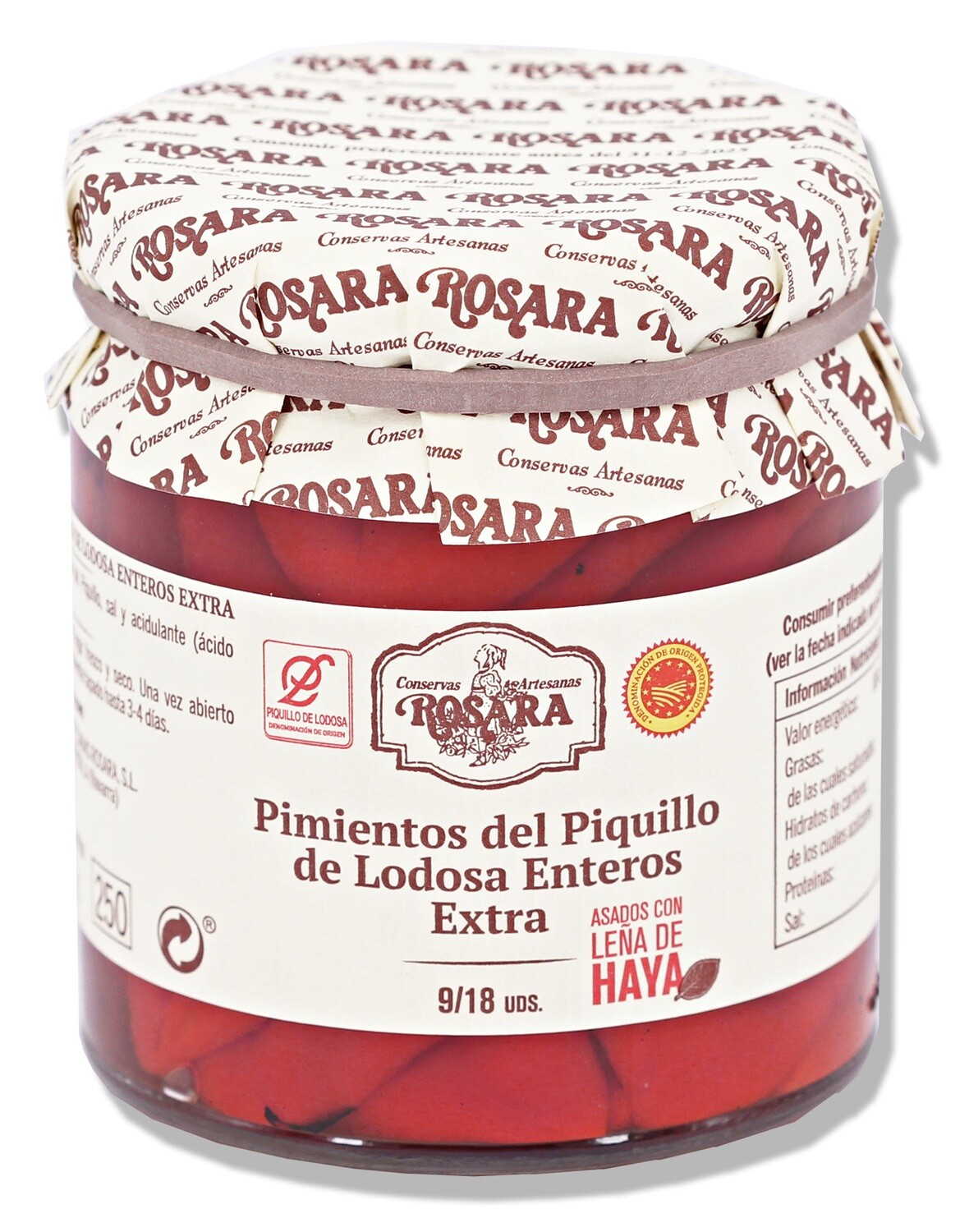 Pimientos del piquillo de Lodosa enteros extra ROSARA 9/18 uds 220 g.