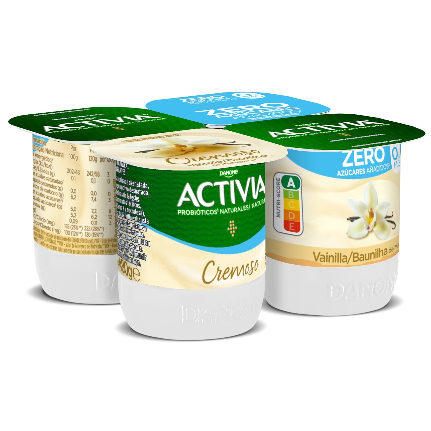 Yogur bífidus cremoso sabor vainilla de Madagascar 0% materia grasa ACTIVIA de DANONE (pack 4).