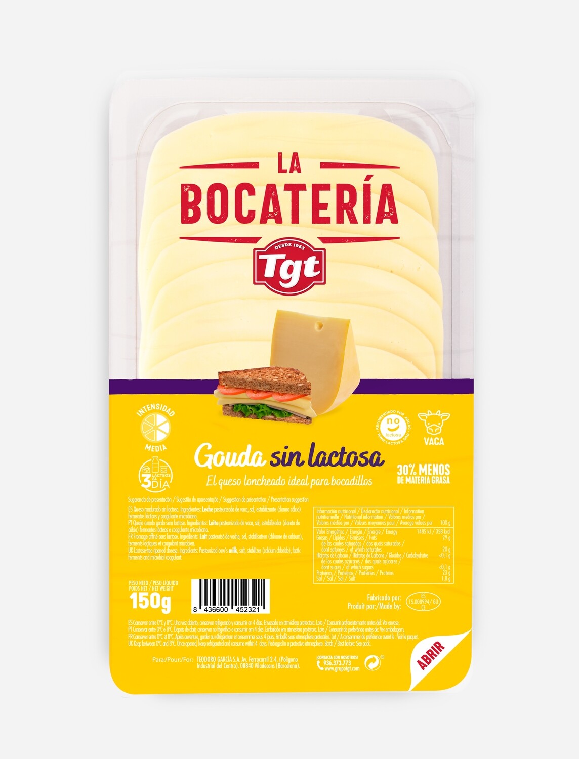 Queso en lonchas gouda sin lactosa LA BOCATERIA TGT 150 g.