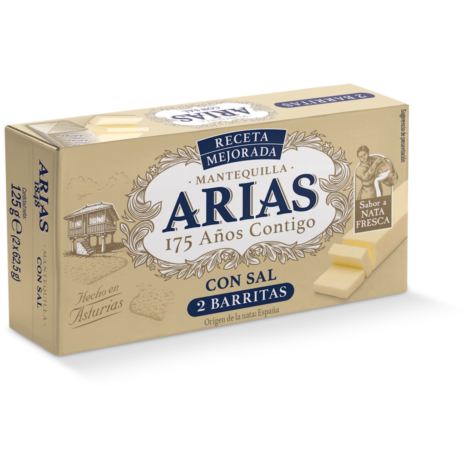 Mantequilla sin sal  receta mejorada ARIAS 10+2 uds. 125 g.