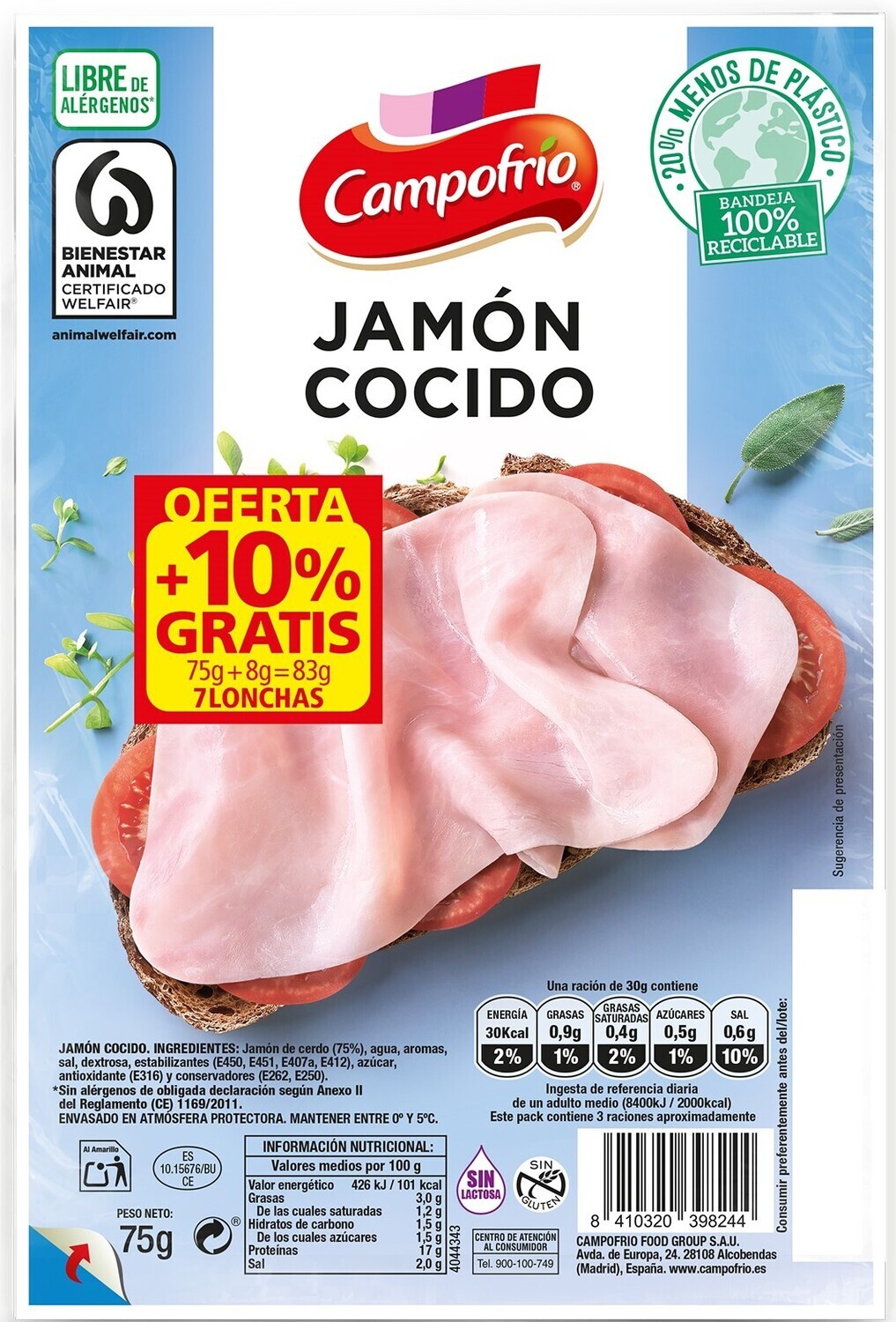 Jamón cocido CAMPOFRIO 75 g.