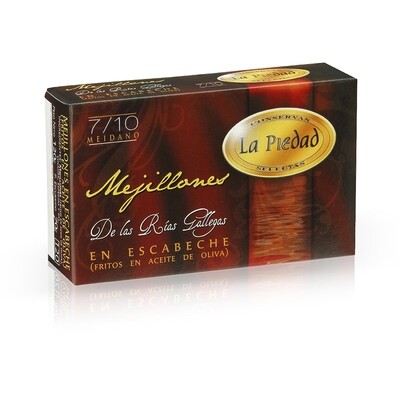 Mejillones en escabeche (fritos en aceite de oliva) LA PIEDAD 7/10 pzas. 110 g.
