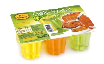 Gelatina sin gluten mix de limón, multifrutas y naranja GELLI de REINA 6 x 100 g.