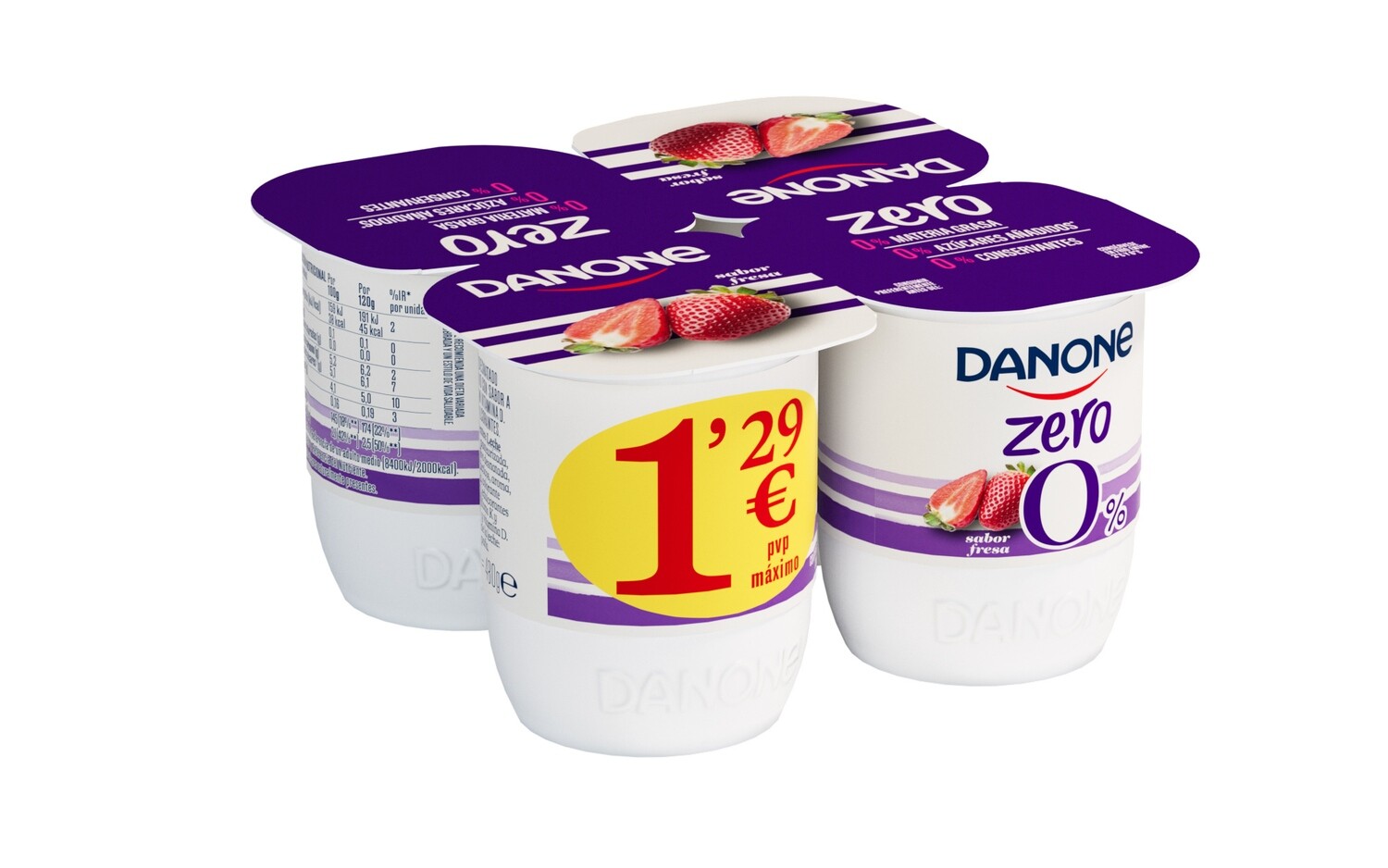 Yogur desnatado 0% 0% sabor fresa DANONE 4 x 120 g., 480 g.