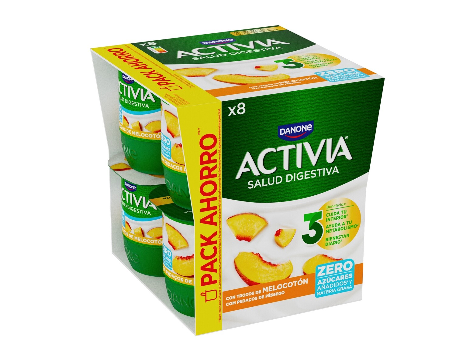 Yogur activia desnatado 0% con trozos de melocotón DANONE 8 x 120 g., 960 g.