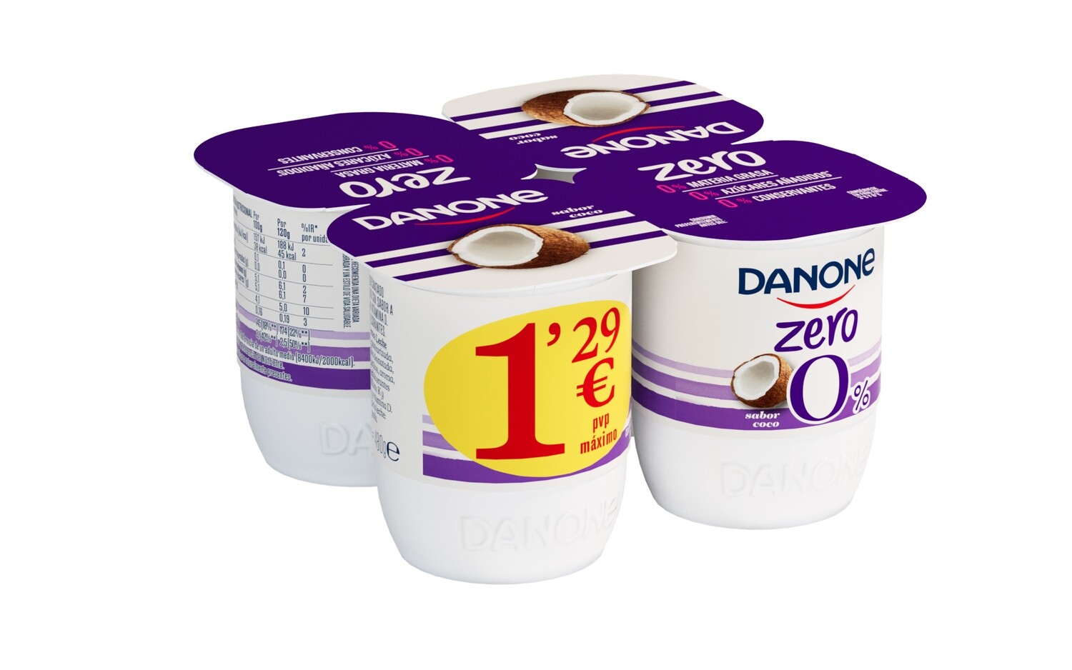 Yogur desnatado zero 0% sabor coco DANONE 4 x 120 g., 480 g.