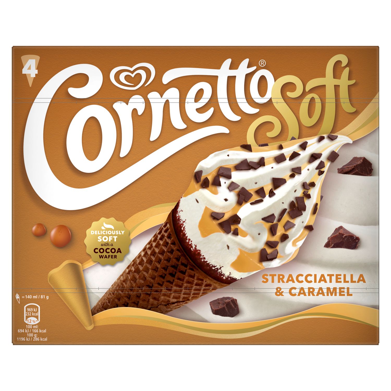 Cono de helado soft stracciatella &amp; caramel CORNETTO 4 x 324 g.