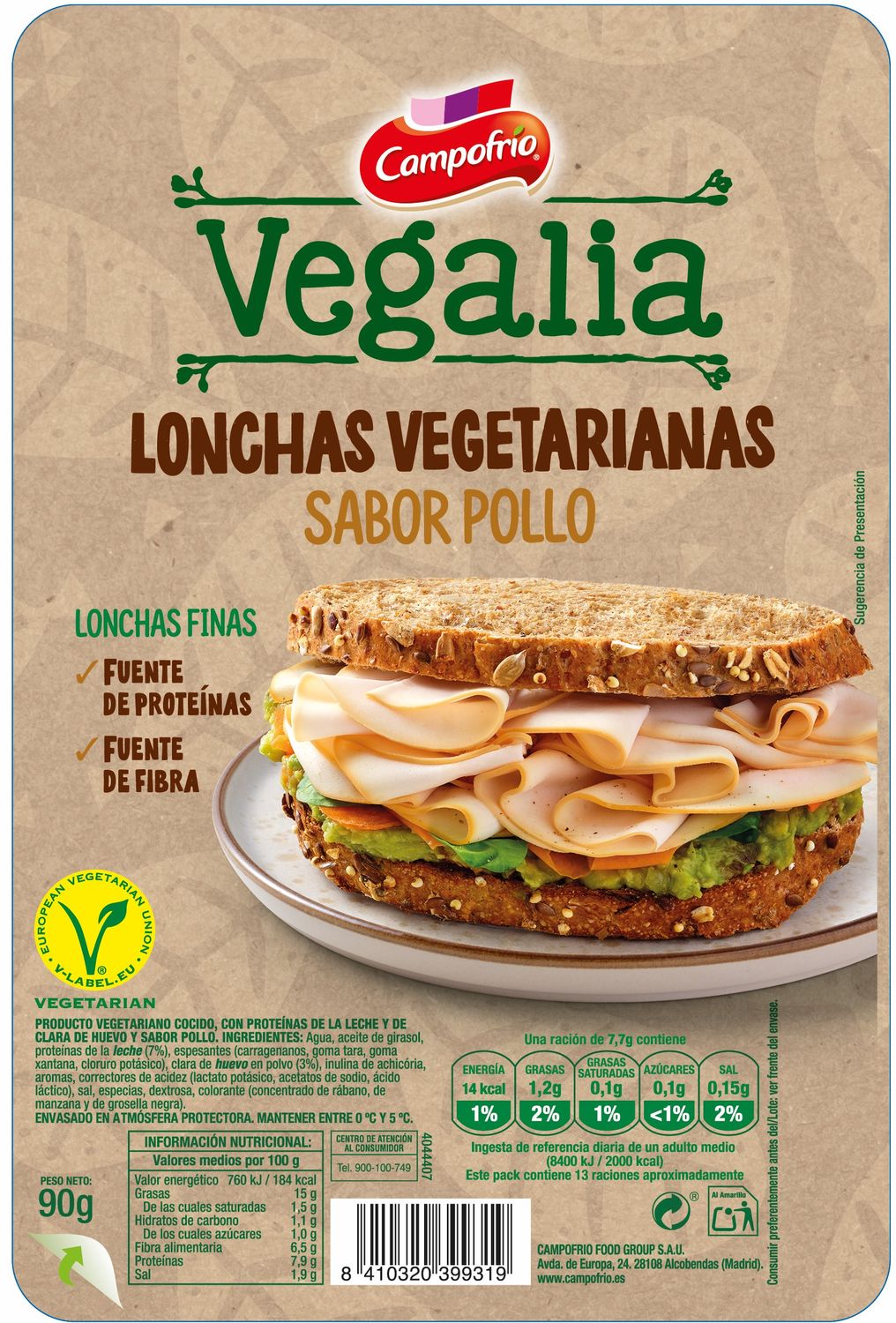 Lonchas vegetarianas sabor pollo VEGALIA de CAMPOFRIO 90 g.