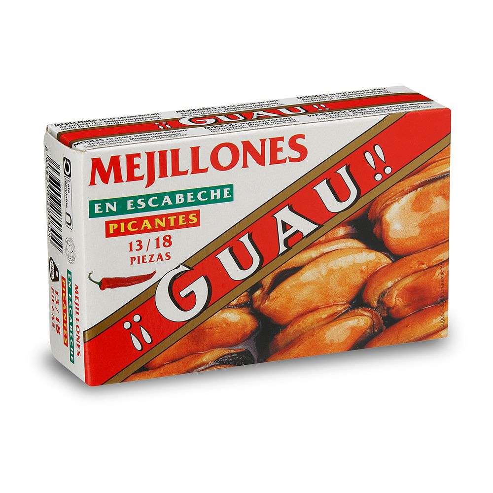Mejillones en escabeche picantes 13/18 piezas  GUAU 111 g.