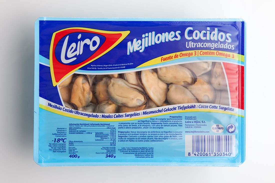 Mejillones cocidos congelados LEIRO 360 g.