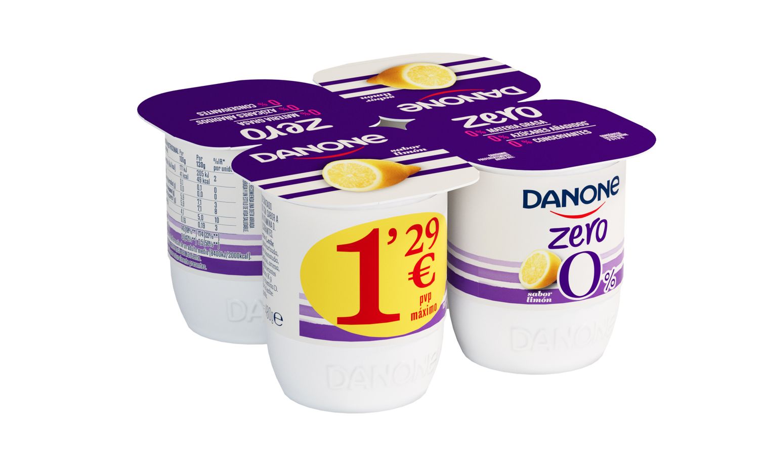 Yogur desnatado zero 0% sabor limón DANONE 4 x 120 g.