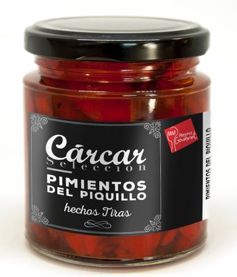 Pimientos del piquillo de Lodosa hechos tiras CARCAR, 225 g.