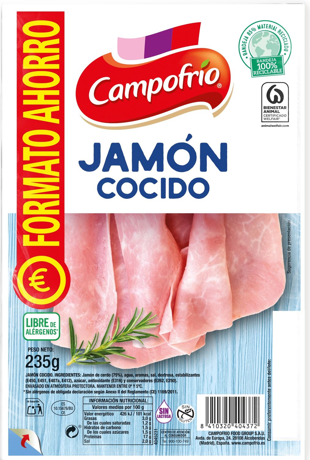 Jamón cocido formato ahorro CAMPOFRIO 235 g.