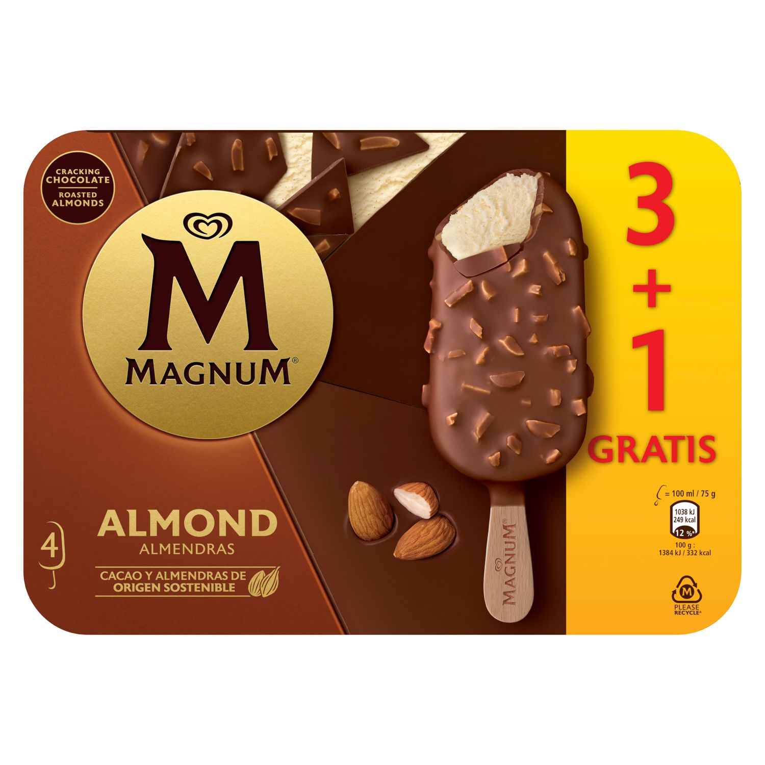 Helado de vainilla recubierto de choco y almendras MAGNUM 3+1 uds. X 100ml