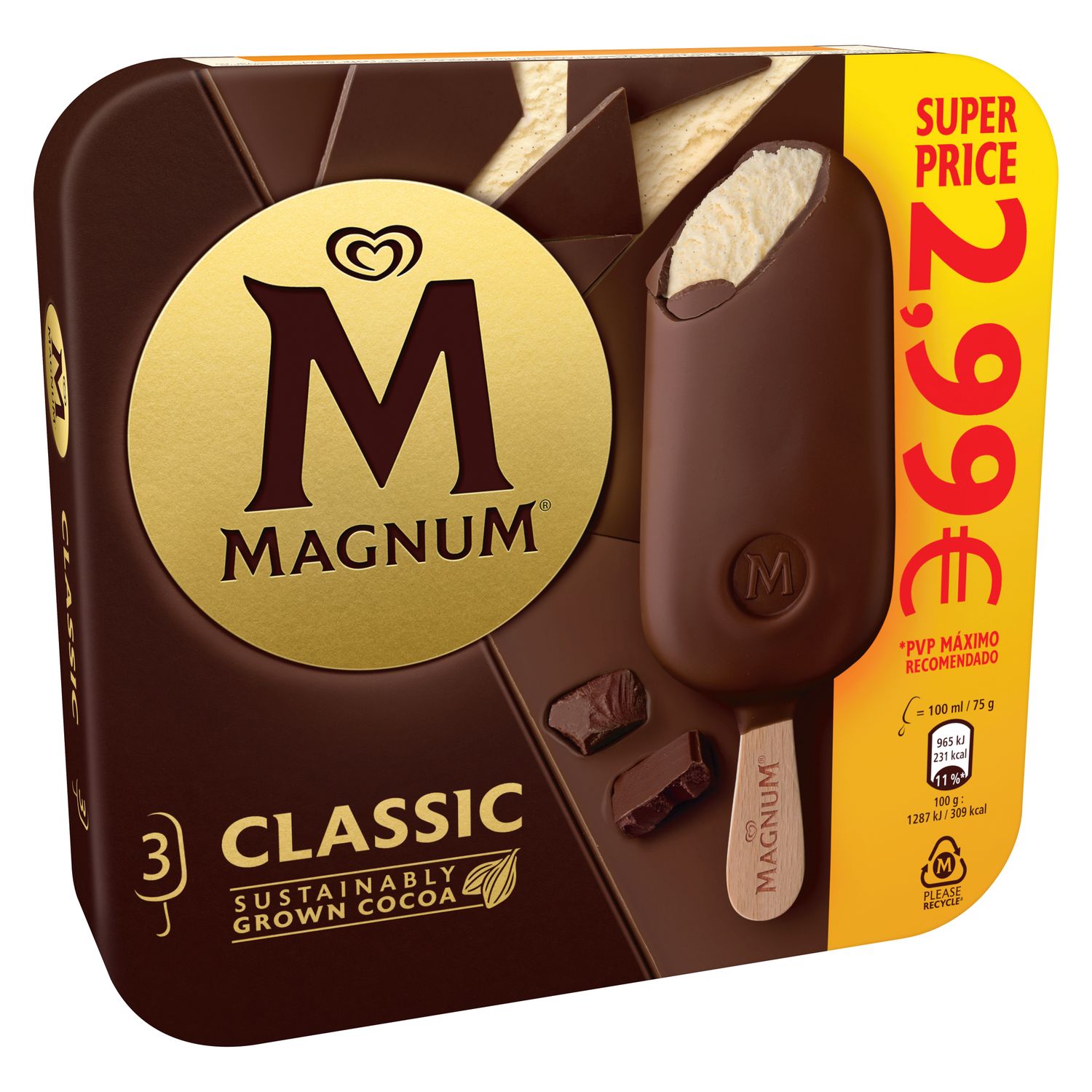 Helado classic MAGNUM x3  300 ml.