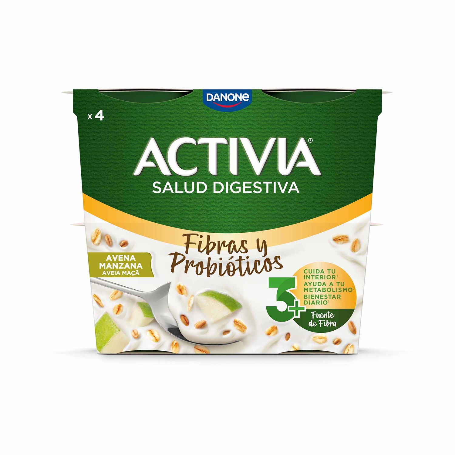 ACTIVIA fibras &amp; probióticos avena y manzana DANONE 4x115 g.
