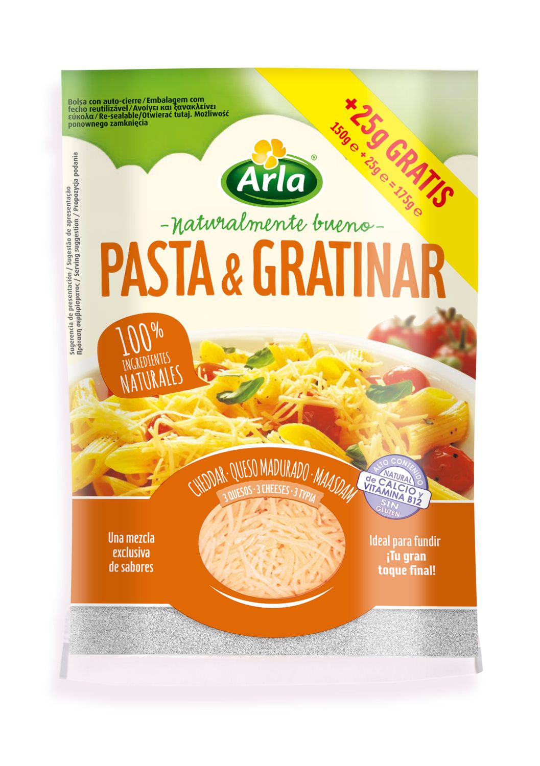 Queso rallado 3 quesos pasta &amp; gratinar sin gluten ARLA 175 g.